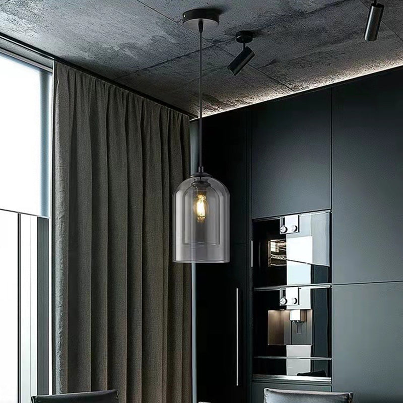 Moderne Einfachheit Zylinder Runde Glas Eisen 1-Licht Pendelleuchte für Wohnzimmer 