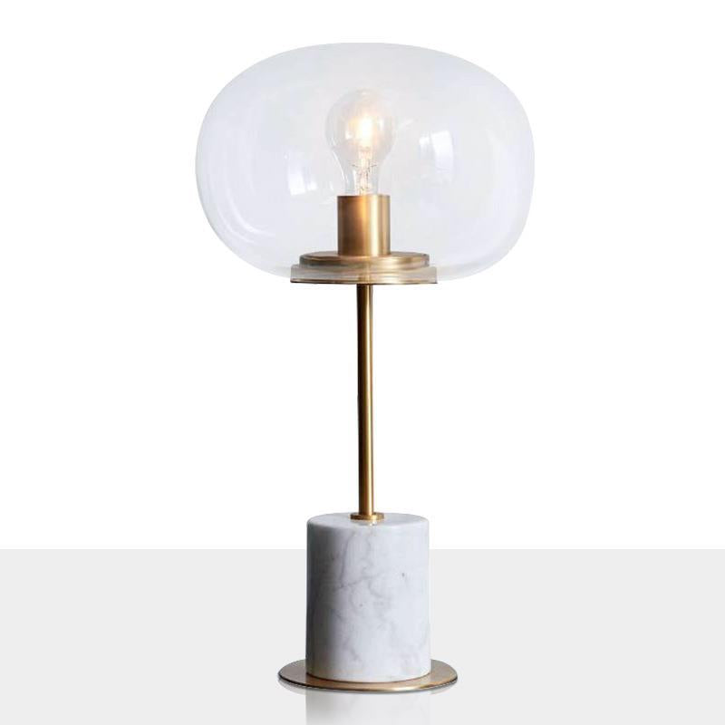 Lampe de table moderne minimaliste à une lumière avec base en marbre cylindrique et boule ronde en fer et verre pour salon 