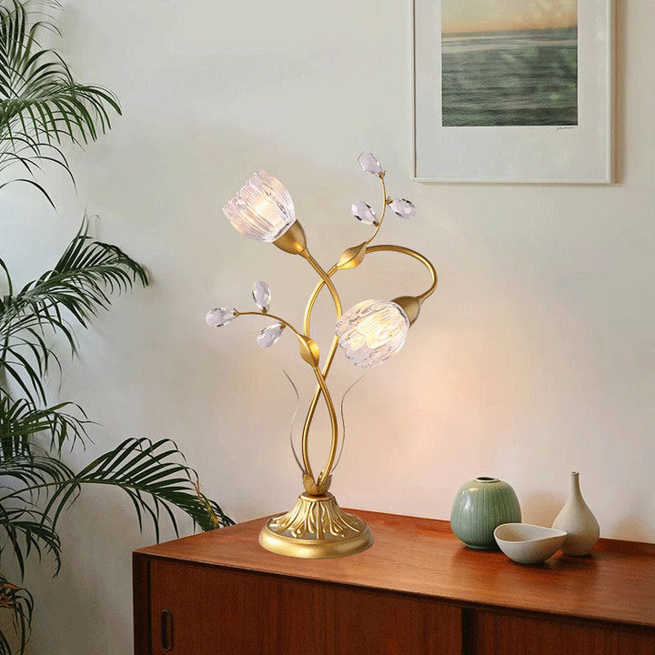 Moderne Art Deco Blumen Eisen Glas 2-Licht Tischlampe für Wohnzimmer 