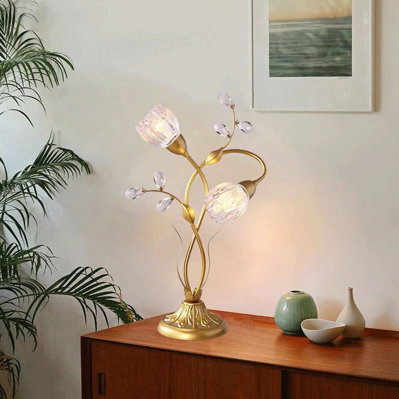 Lampe de table à deux lumières en fer et verre Art Déco moderne avec motif floral pour salon 