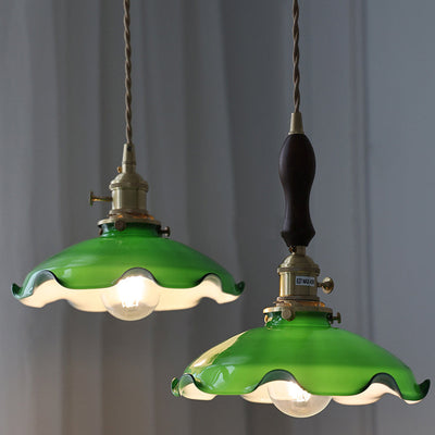 Traditionelle chinesische Blumenrolle Messing Glas 1-Licht Pendelleuchte für Wohnzimmer 