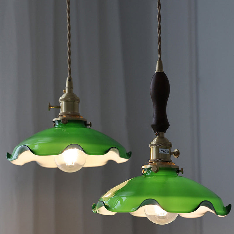 Traditionelle chinesische Blumenrolle Messing Glas 1-Licht Pendelleuchte für Wohnzimmer 