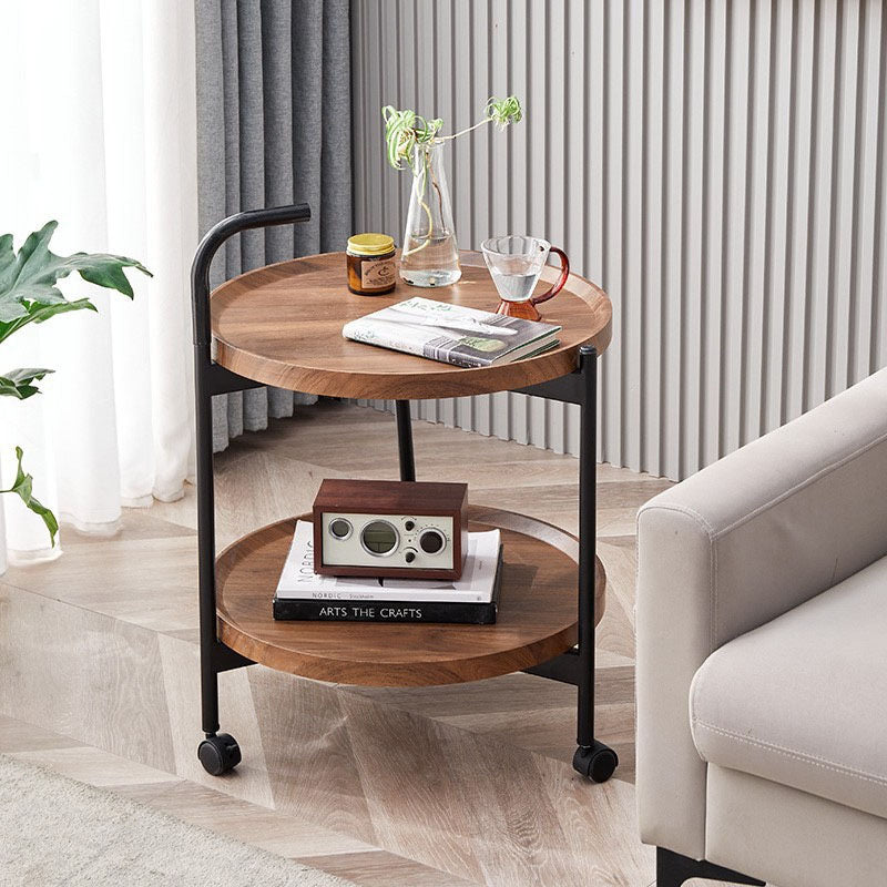 Table basse moderne minimaliste ronde en fer et bois à 2 niveaux pour le salon 