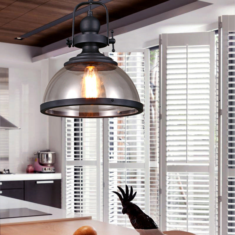 Zeitgenössische industrielle Kuppel Eisen Glas 1-Licht Pendelleuchte für Wohnzimmer 