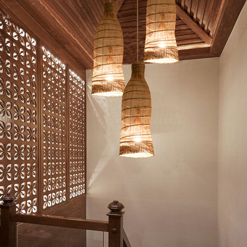 Luminaire suspendu à 1 lumière en cage de tissage en bambou zen chinois 