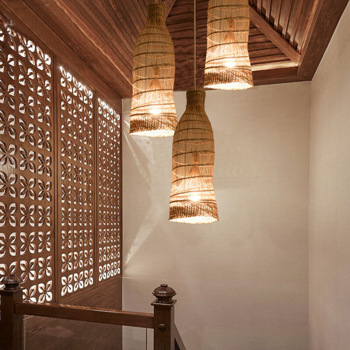 Luminaire suspendu à 1 lumière en cage de tissage en bambou zen chinois 