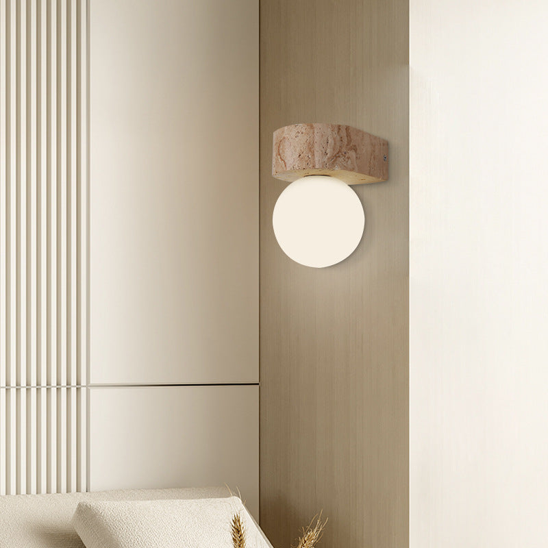 Aplique de pared con lámpara de globo de madera y piedra redonda japonesa tradicional de 1 luz para dormitorio 