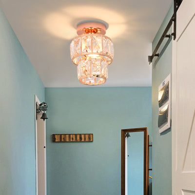 Zeitgenössische Luxus-Deckenleuchte mit Edelstahlrahmen und doppelten Kristallringen, 1-flammig, halbbündige Montage, für Wohnzimmer 