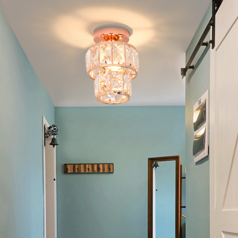 Zeitgenössische Luxus-Deckenleuchte mit Edelstahlrahmen und doppelten Kristallringen, 1-flammig, halbbündige Montage, für Wohnzimmer 