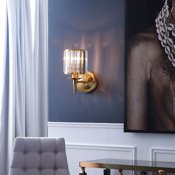 Aplique de Pared de 1 Luz de Cristal de Cobre Cilíndrico de Lujo Ligero Francés 