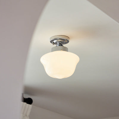 Zeitgenössische Einfachheit Eisen Glas Eierkuchen Form 1-Licht Halbbündige Montage Deckenleuchte für Wohnzimmer 