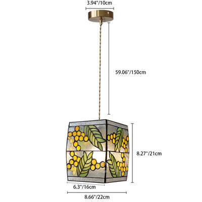 Japanese Vintage Square Copper Stained Glass 1-Light Pendant Light