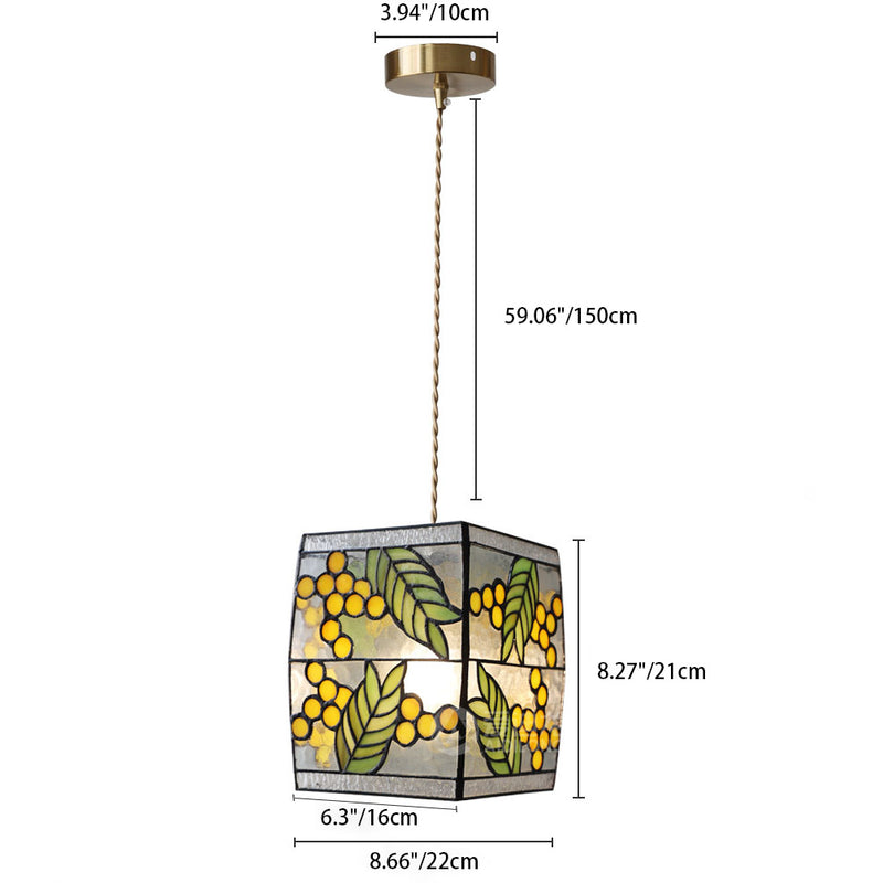 Japanese Vintage Square Copper Stained Glass 1-Light Pendant Light