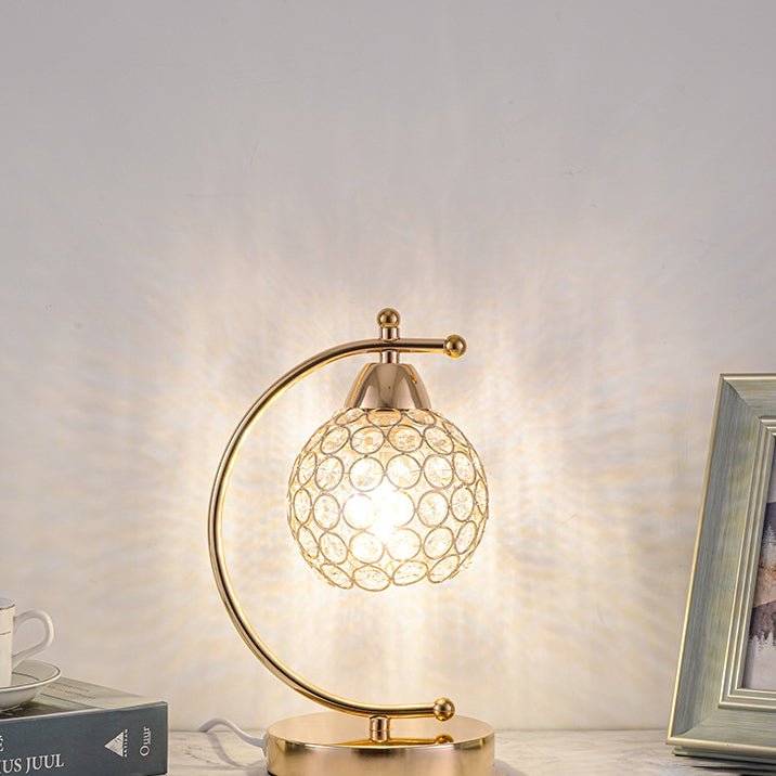 Modern Luxury Crystal Iron Round 1-Light Table Lamp For Bedroom