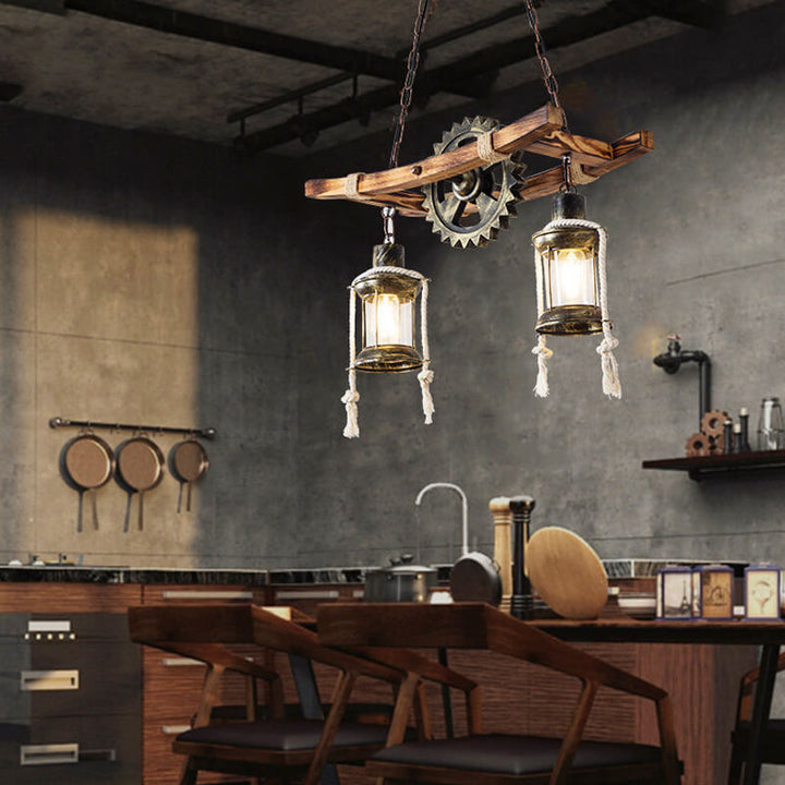 Vintage Industrielle Holz Metall 2-Licht Insel Leuchter 