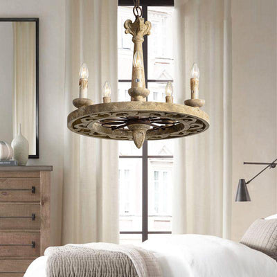 Candelabro redondo de hierro con 6 luces de estilo rústico de granja con madera envejecida para sala de estar 