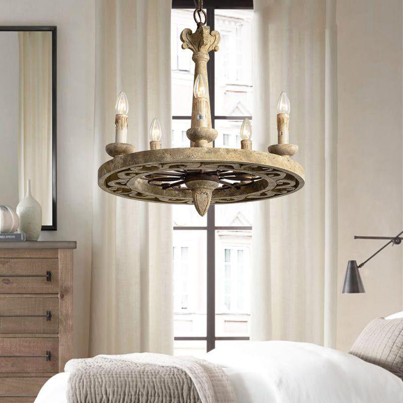 Candelabro redondo de hierro con 6 luces de estilo rústico de granja con madera envejecida para sala de estar 