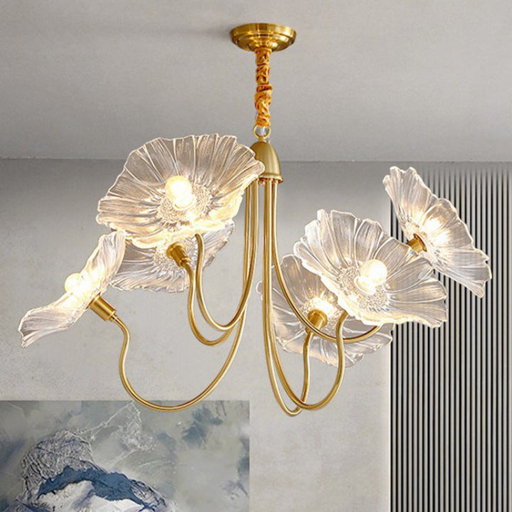Traditioneller Vintage-Kronleuchter mit Gold-Finish, Rahmen mit Blumenglasschirm, 6 Lichter, für Schlafzimmer 