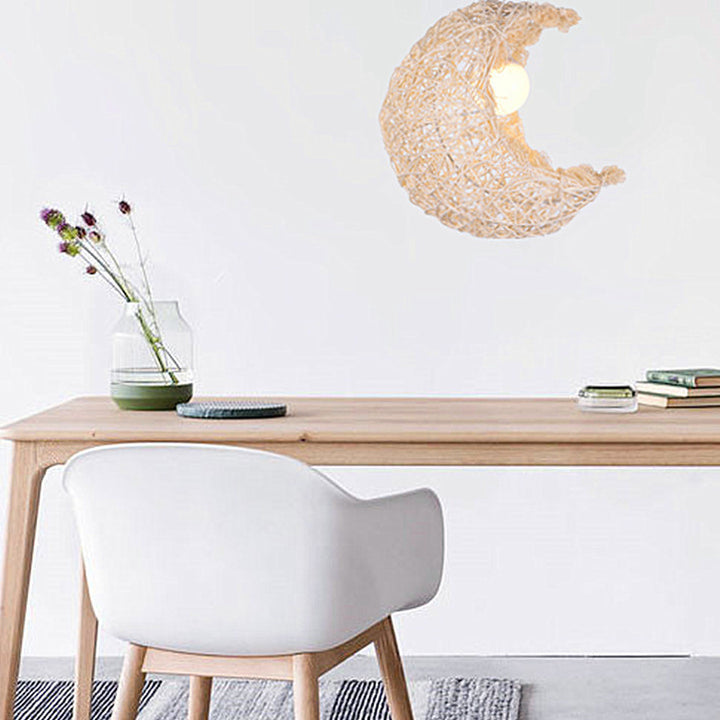 Traditional Japanese Weaving Bamboo Rattan Moon 1-Light Pendant Light For Dining Room