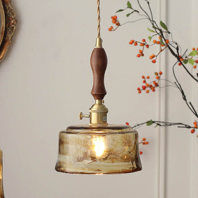 Modern Eclectic Amber Glass Walnut Color Handle 1-Light Pendant Light For Living Room