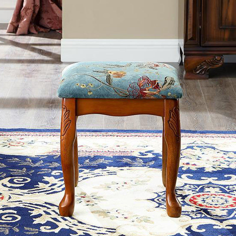 Traditional European Square Fabric Upholstered Rubberwood Carved Frame Vanity Stool For Bedroom