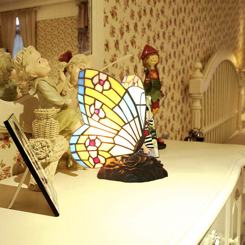 Tiffany Vintage Butterfly Shape Stained Glass 1-Light Table Lamp