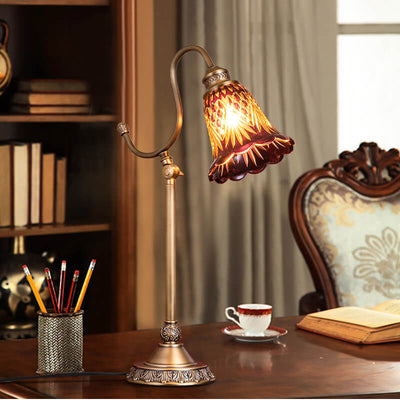 Vintage Luxury Cone Stained Glass Copper 1-Light Table Lamp