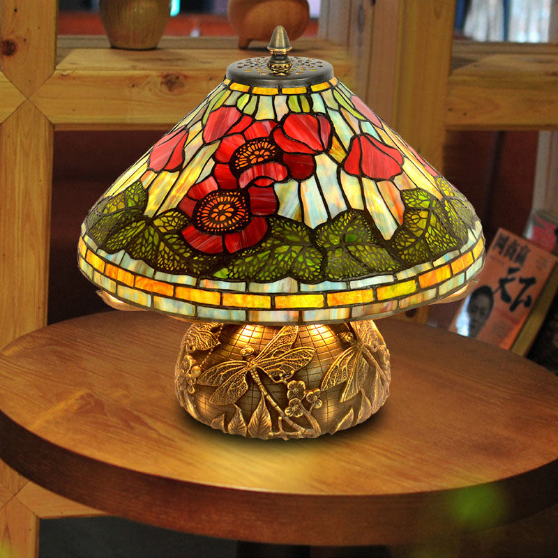 Tiffany Vintage Blumen Buntglas Kupferbasis 2-Licht Tischlampe 
