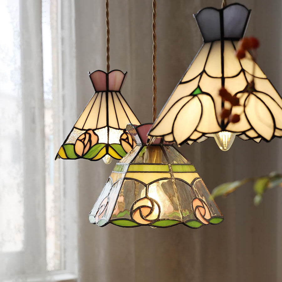 Vintage Tiffany Rose Flower Conical Stained Glass 1-Light Pendant Light