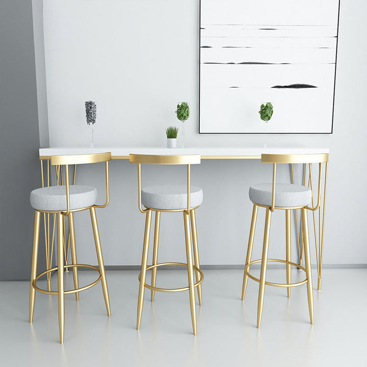 Moderner minimalistischer Barhocker aus Eisen mit Stoffpolster, runder Sitz, Rückenlehne und Fußstütze für die Küche 