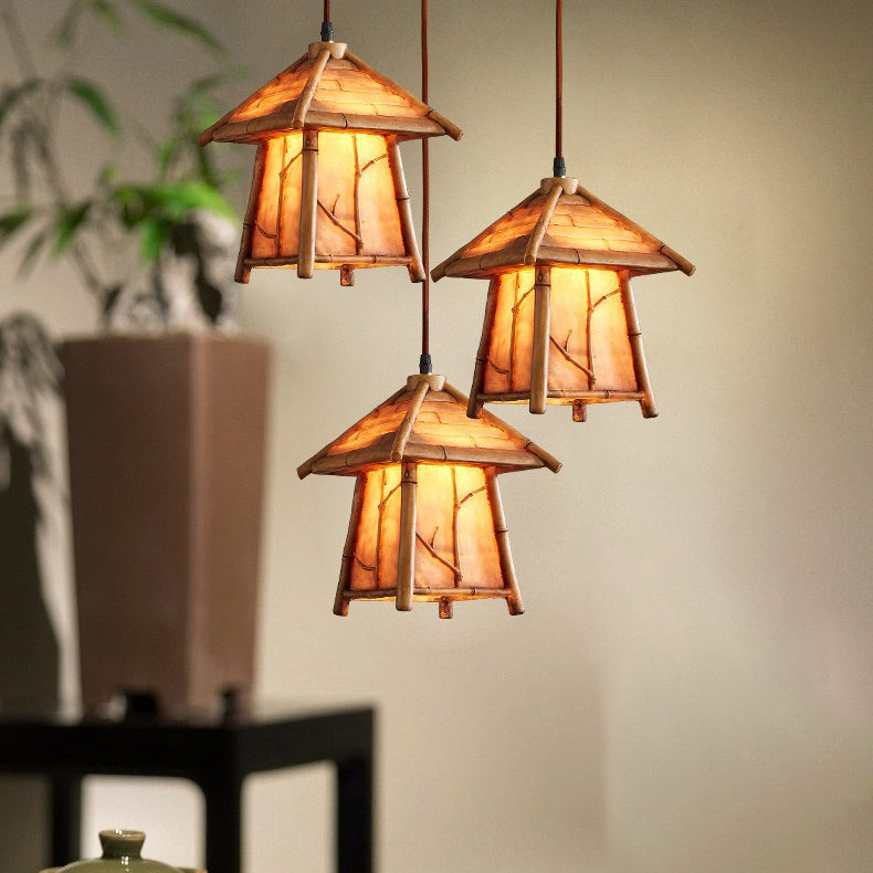 Traditioneller japanischer Harz-Eisen-Kupfer-Haus-Zylinder 1/3 Licht Insel-Licht-Kronleuchter für Esszimmer 