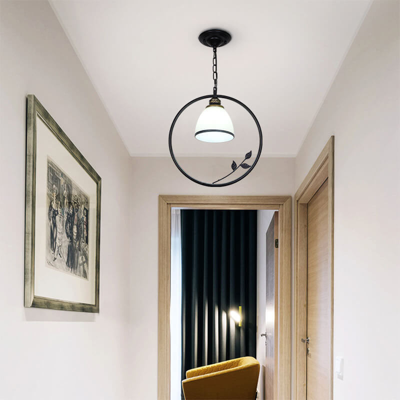 Creative Flower Bud Glass Shade Circle Ring Wrought Iron 1-Light Pendant Light