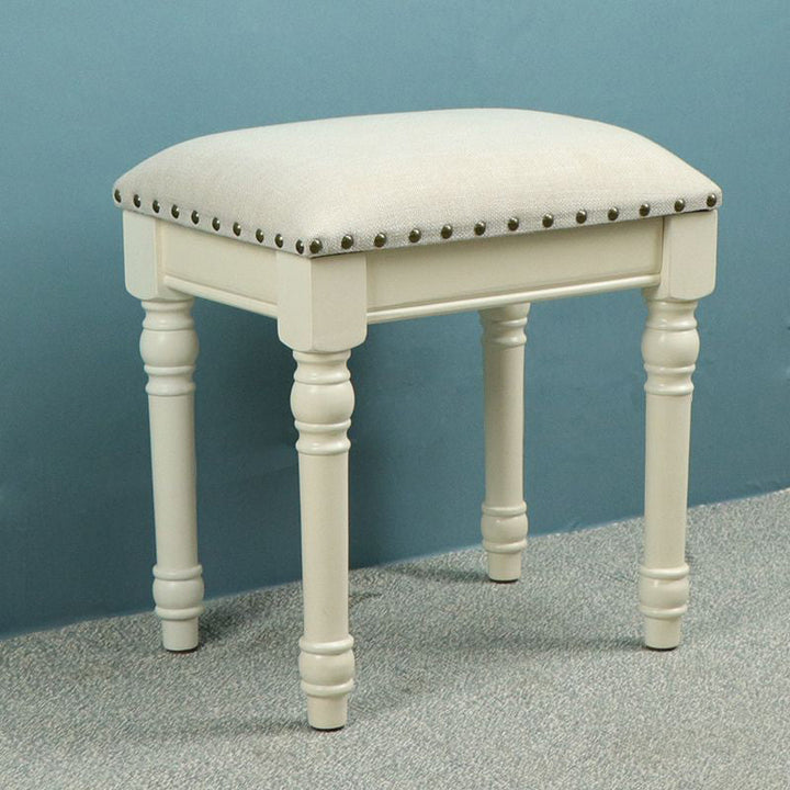 Tabouret de coiffeuse sans dossier ni accoudoirs en bois massif, cuir synthétique et lin carré scandinave contemporain pour chambre 