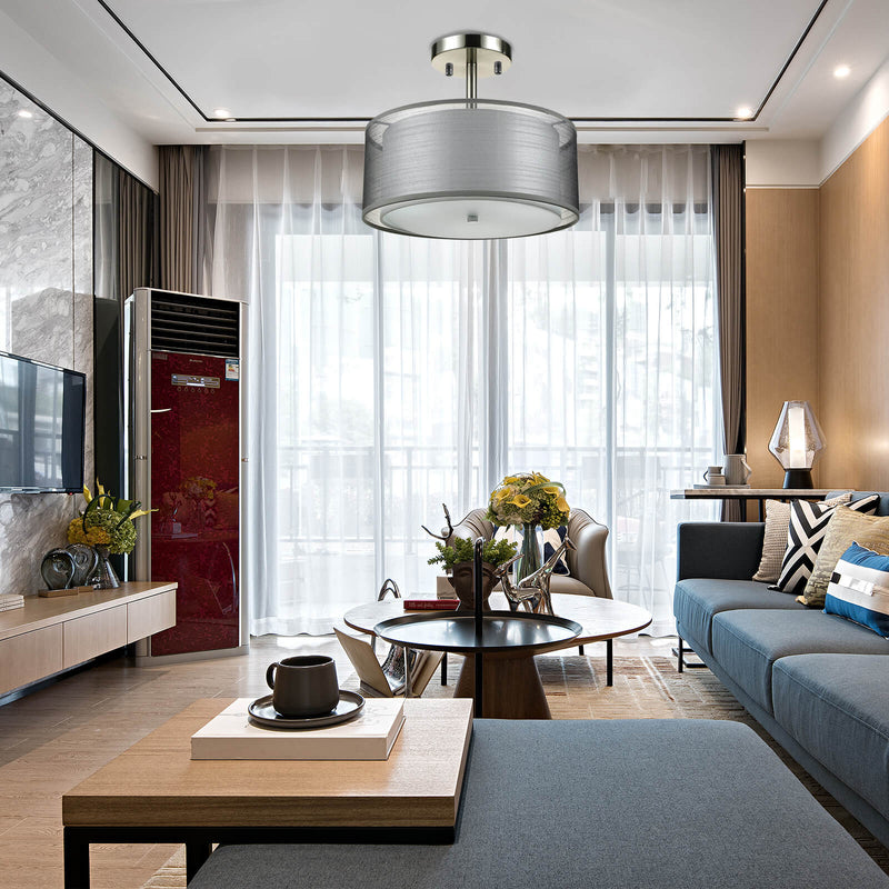 Modern Minimalist Round Iron Fabric 3-Light Semi-Flush Mount Ceiling Light For Living Room