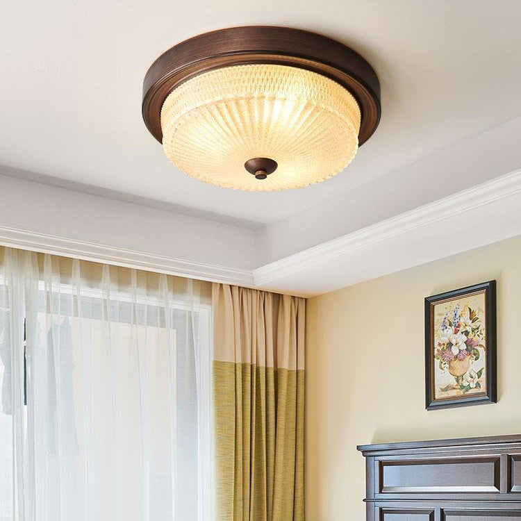 Zeitgenössische Retro Glas Eisen Runde Frosted Stripe 2/3/4 Licht Unterputz Deckenleuchte für Wohnzimmer 