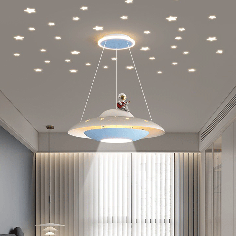 Moderne Art Deco Kinder Eisen Acryl UFO Raumschiff Astronaut Runde LED Pendelleuchte Für Schlafzimmer 