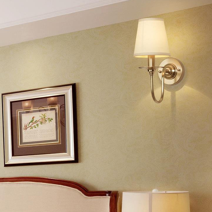 Contemporary Scandinavian Bent Brass Fabric 1-Light Wall Sconce Lamp For Living Room
