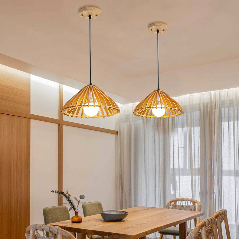 Japanischer Wabi-Sabi Stil Walnuss Konisch Hohl 1-Licht Pendelleuchte 