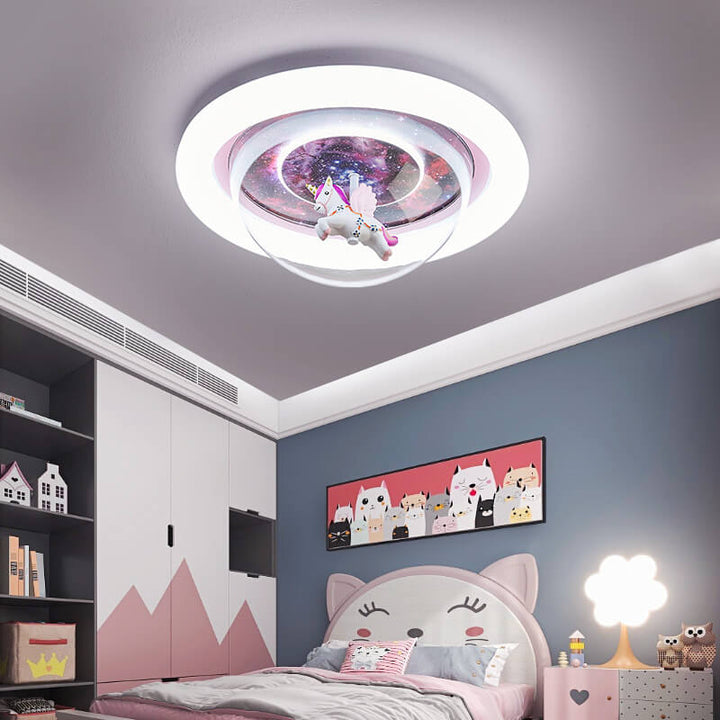 Contemporary Creative Cartoon Pink Astronaut Unicorn Round Acrylic Resin LED Flush Mount Ceiling Light For Bedroom