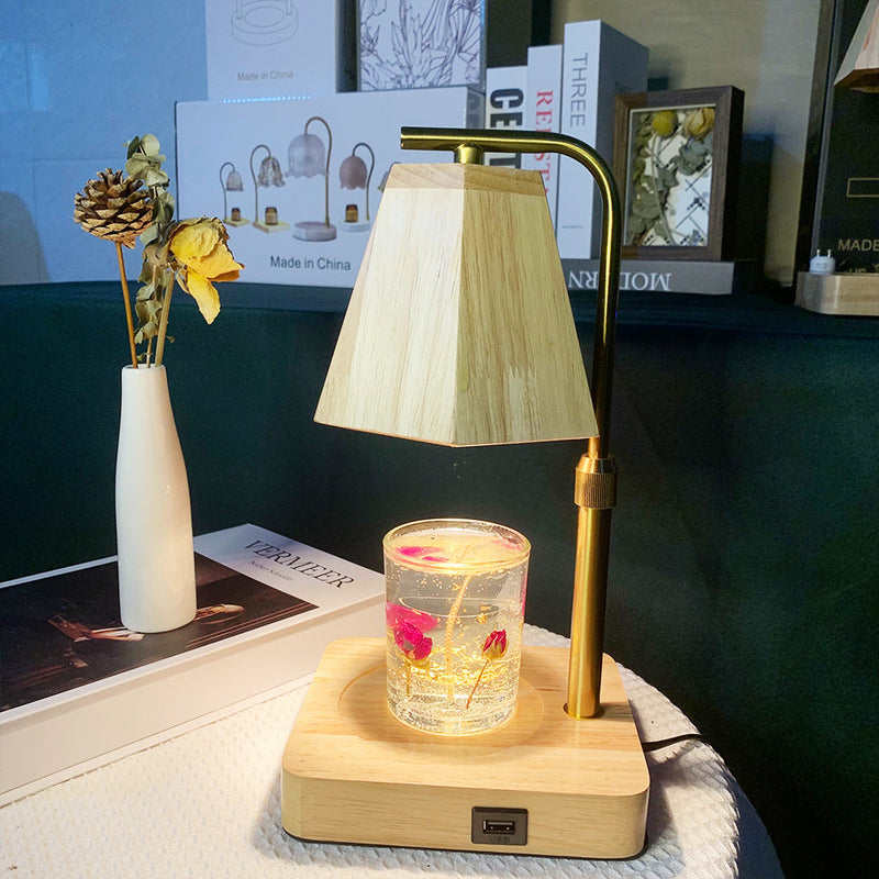 Zeitgenössische kreative sechseckige anhebbare 1-Licht-Schmelzwachs-Tischlampe aus Holz für Schlafzimmer 