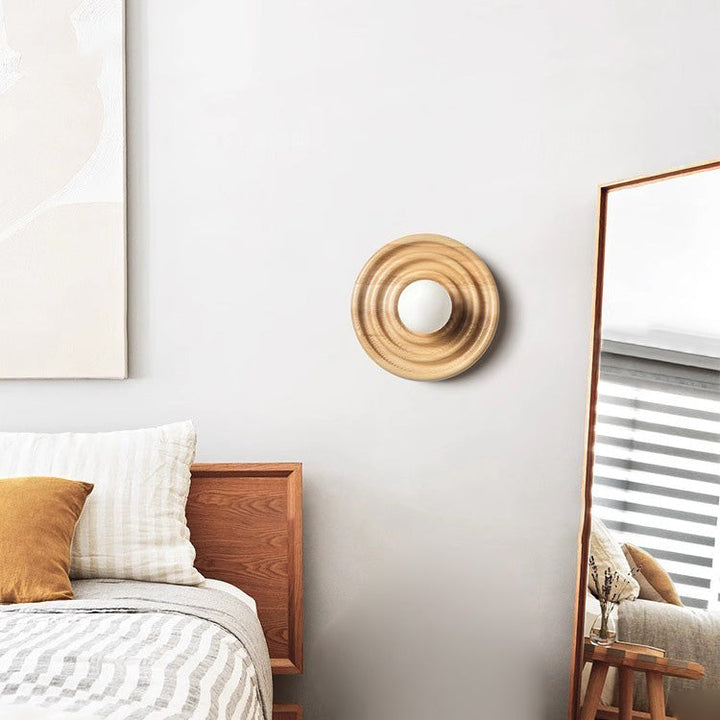 Traditionelle japanische Wabi-Sabi Holz Wachstumsring Glaskugel Schatten 1-Licht Wandleuchte Lampe für Schlafzimmer 