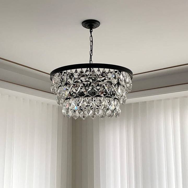 Zeitgenössische skandinavische Kristallanhänger runder Kristalleisen 4/5/9/12-Licht-Kronleuchter für Schlafzimmer 