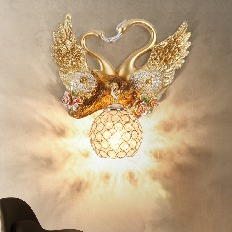 Moderne Art Deco Harz Eisen Kristall Paar Schwan Ball 1-Licht Wand Leuchte Lampe Für Wohnzimmer 