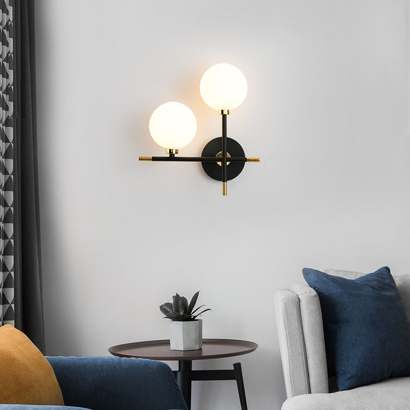 Contemporary Scandinavian Glass Orb Iron 2-Light Wall Sconce Lamp For Hallway