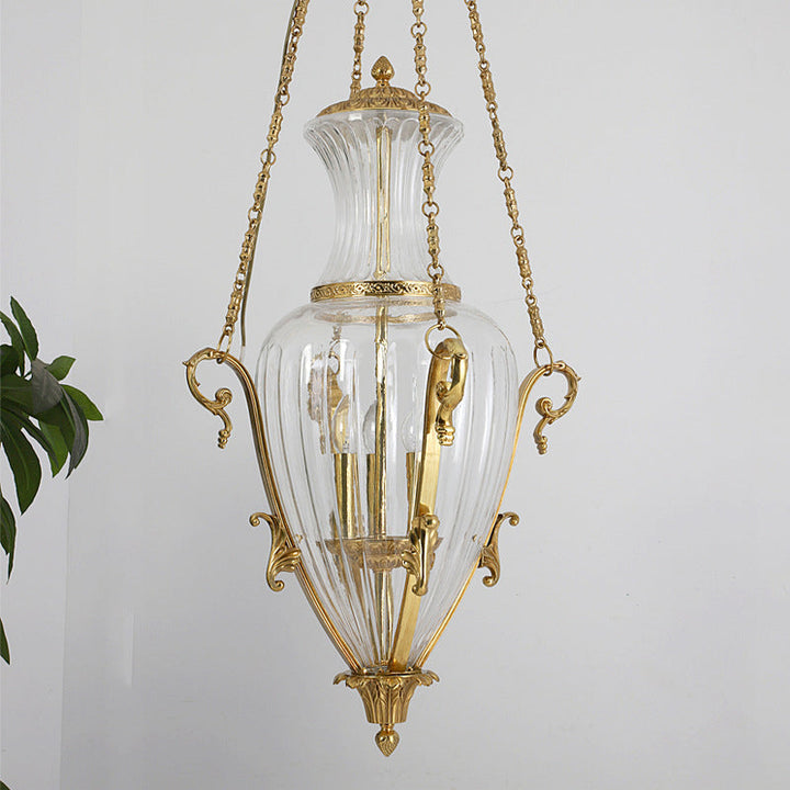 Lustre contemporain de luxe gravé en cuivre massif avec abat-jour effilé à 4 lumières pour salon 