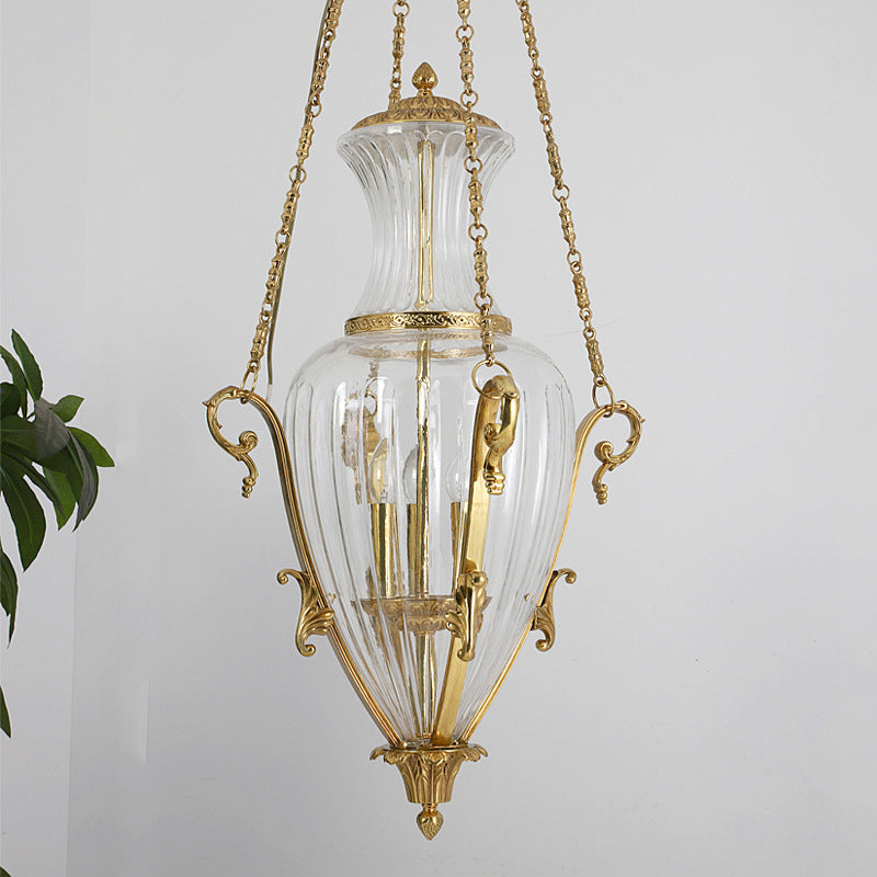 Zeitgenössischer Luxus-Kronleuchter mit graviertem Vollkupferglas und konischem Schirm, 4 Lichter, für das Wohnzimmer 