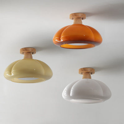 Moderne Cremefarbene Ovale Kürbisgummi-Holzglas 1-Licht Halbeinbau-Deckenleuchte 