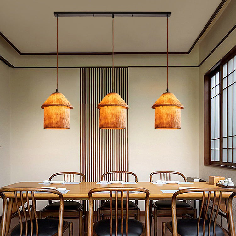 Traditioneller japanischer Harz-Eisen-Kupfer-Haus-Zylinder 1/3 Licht Insel-Licht-Kronleuchter für Esszimmer 