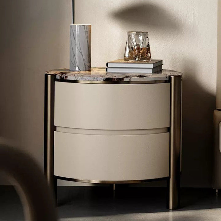 Modern Luxury Round Tabletop Marble Plywood Stainless Steel Microfiber Leather Nightstand 2-Drawer For Bedroom