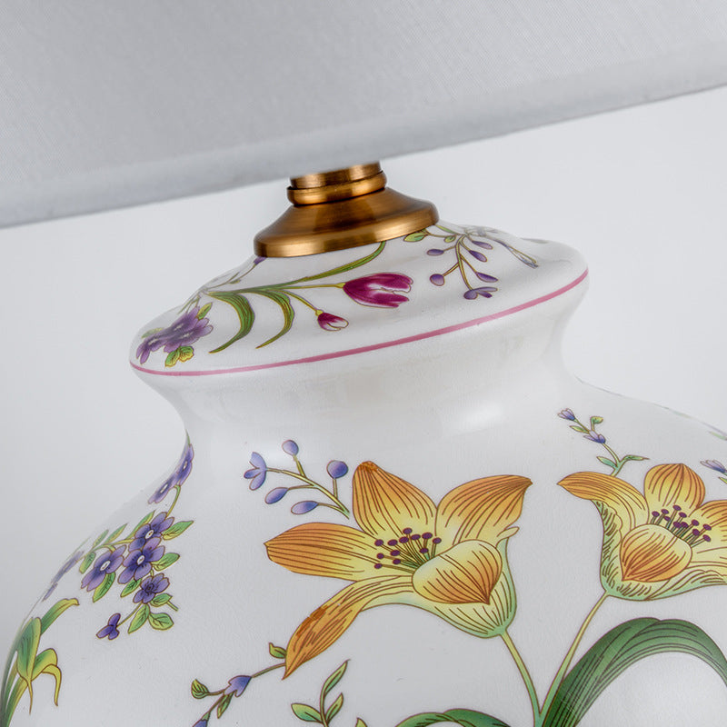 Lampe de table 1 lumière en céramique ovale ronde chinoise traditionnelle avec motif de fleurs et d&